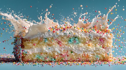 White layer cake explodes in a dynamic splash of milk and a shower of colorful sprinkles frozen in mid-air. The backdrop is a simple, light blue background.