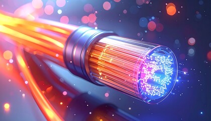 Bright bundle of optic fibers glows with blue/orange hues, reflecting light into bokeh blur