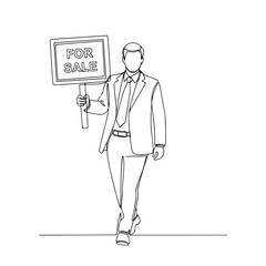 Man holding sign, representing for sale by owner properties, created with single line drawing. For sale announcement shows professional broker, walking and holding sign in his hand.