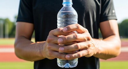 Man holding a bottle of water during a sports event.