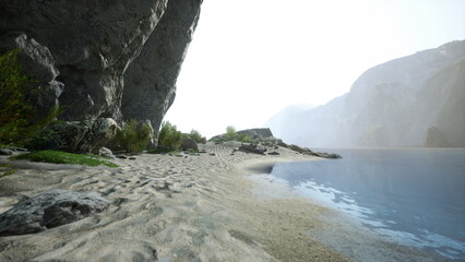 A tranquil shoreline features soft sand, scattered rocks, and lush greenery. Calm waters lap at the beach, with distant mountains shrouded in mist under the early morning light.