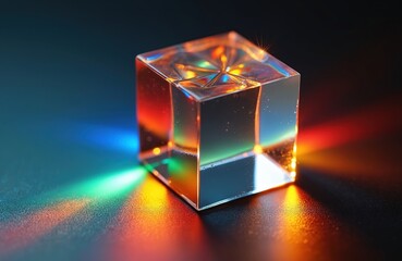Optical glass cube splits light into rainbow spectrum. Light dispersion effect with optical physics ray. Useful for science education, school experiment, tech solutions promotion. Modern