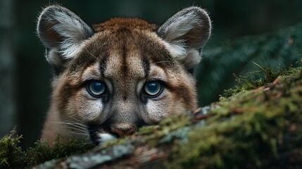 Fototapeta premium Adorable, curious cougar cub with striking blue eyes peeks over a mossy log. The setting is a dense, misty forest with soft morning light filtering through.