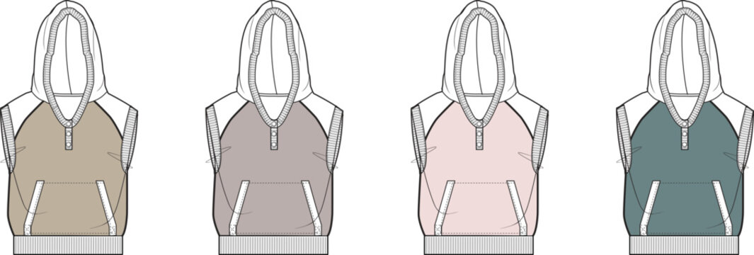 Sleeveless hoodie fashion flat sketches with a kangaroo pocket and half-zip, shown in four different colorway options for apparel design and tech packs
