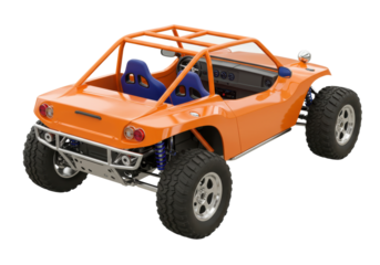 Isolated orange dune buggy with roll cage, all-terrain tires, and blue sport seats, side view