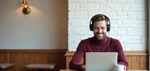 Happy man uses laptop in cafe. Guy listens to music with headphones smiles. He works online, studies and relaxes in coffee shop. Person enjoys leisure time at eatery.