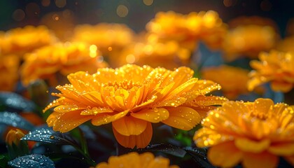 Bright orange gerbera daisy flowers covered in dew drops, with bokeh background lights for a sunny day feel