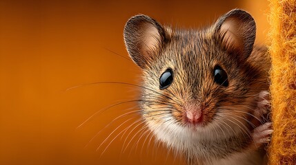 Fototapeta premium Adorable, tiny harvest mouse with big, expressive eyes peeks cautiously from behind a wall. It is set against a clean, warm orange studio background.