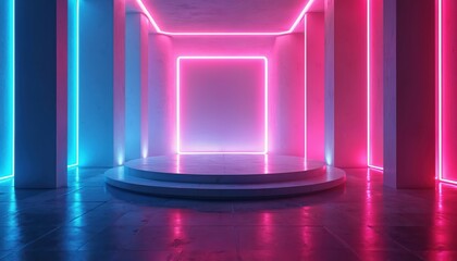 Futuristic stage design with neon lights. Illuminated abstract backdrop with stage. Bright pink and blue glowing illumination creates a vibrant atmosphere. Empty podium for presentation or show.