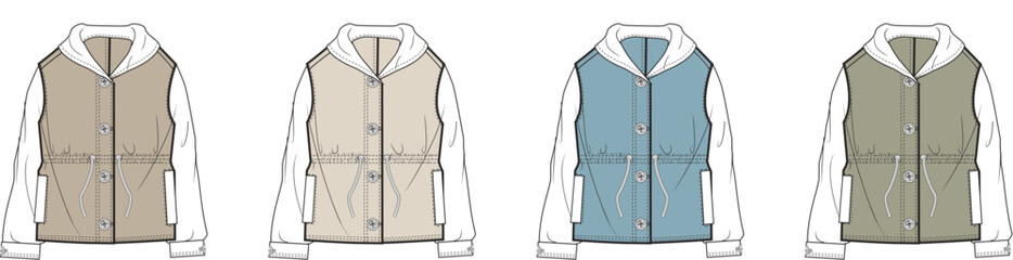 Fashion flat sketches of women's hooded puffer vests in multiple color options © Tarek
