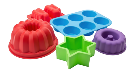 Colorful silicone baking molds isolated on transparent background