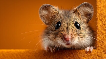 Fototapeta premium Adorable, tiny harvest mouse with big, expressive eyes peeks cautiously from behind a wall. It is set against a clean, warm orange studio background.