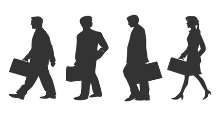 Walking silhouettes of diverse business professionals with briefcases, concept of office teamwork, leadership, and career success in the workplace