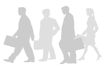 Group of businessmen and businesswoman silhouettes walking in line, representing office workers, teamwork and corporate success concept