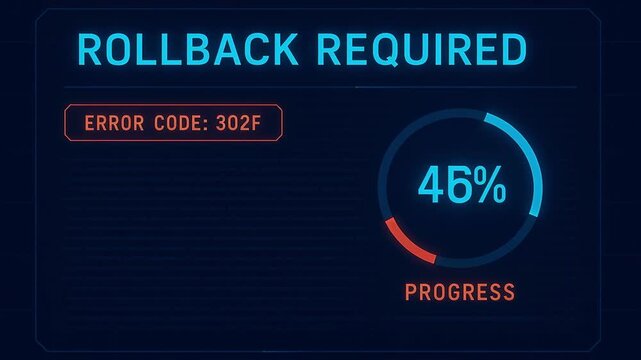 Rollback required notification with circular progress indicator thirty two to thirty seven percent showing error code 302F and progress rollback alert panel futuristic blue and orange user interface