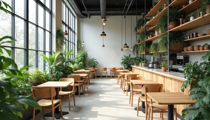 Spacious cafe interior design with large windows, abundant green plants. Light wooden tables, chairs, shelving create natural, inviting atmosphere. Modern coffee bar area, equipment ready for