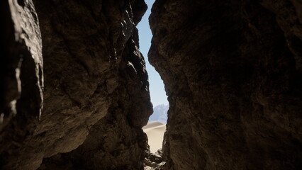 A narrow opening between two rugged rocks invites views of a vast golden desert under a clear blue sky. The sunlight bathes the sand dunes, creating a serene and picturesque moment.