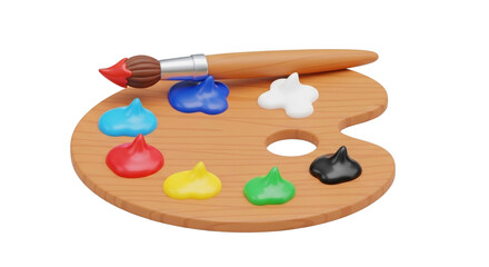 Paint Palette and Brush 3D Cartoon Style Illustration on White Background