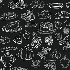 Farmer's market background with line icons. Fruits, vegetables, eggs, meat and fish - Vector illustration