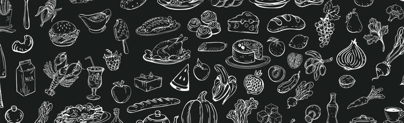 Farmer's market panoramic background with line icons. Fruits, vegetables, eggs, meat and fish - Vector illustration