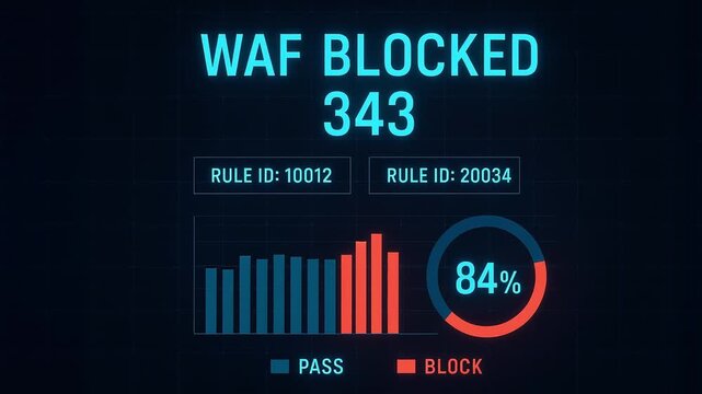 WAF blocked 341&ndash;342 requests with 84% block rate neon blue security dashboard showing web application firewall analytics chart with pass bar, block bar, donut chart percentage display, rule id 10012