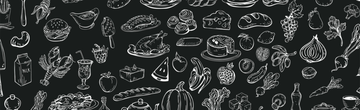 Farmer's market panoramic background with line icons. Fruits, vegetables, eggs, meat and fish - Vector illustration