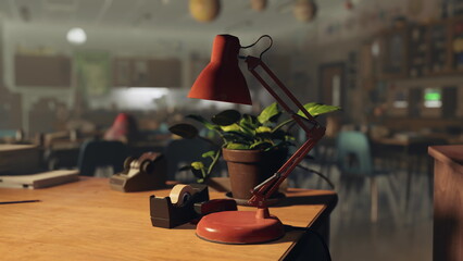 Warm light spills from a bright red lamp set on a wooden desk. A small plant adds greenery while tape and other supplies await eager students in a cheerful classroom.