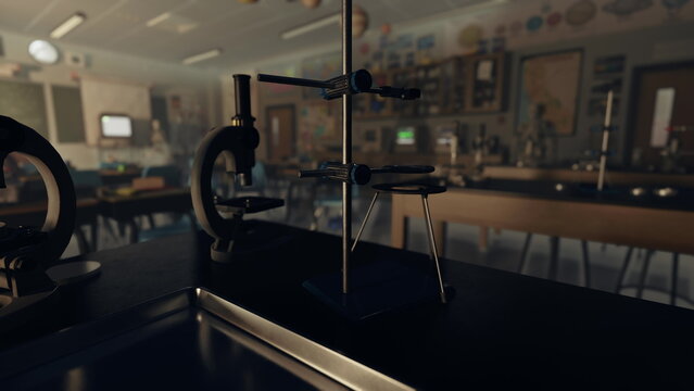 In a serene science classroom, lab equipment is neatly arranged on a dark surface. The sunlight gently illuminates the workspace, hinting at the days previous experiments.