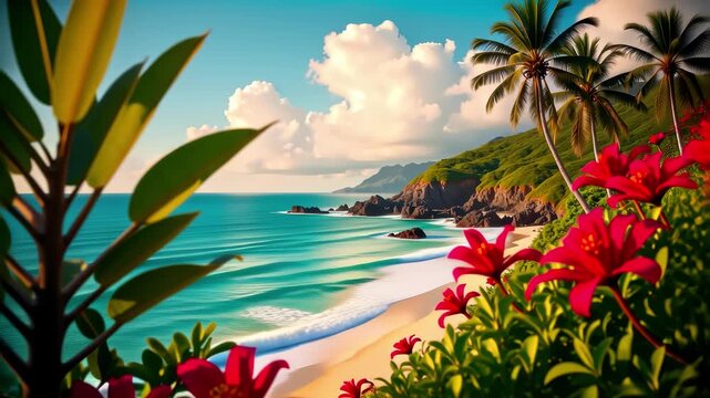 Tropical beach scene with red flowers and palm trees