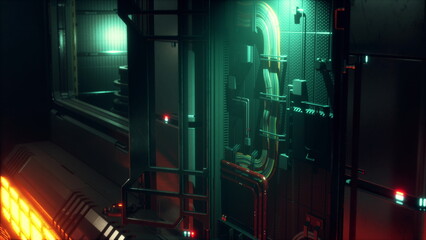 Naklejka premium A sleek, modern industrial space features glowing neon lights illuminating complex metal structures. The scene evokes a sense of advanced technology and creativity, inviting exploration.