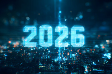 cyber interface displaying 2026 in vibrant neon blue light creating a futuristic technology inspired celebration mood