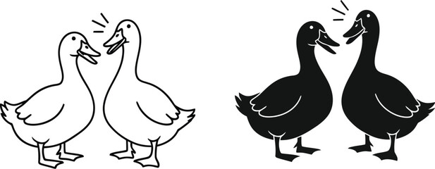 Illustration of two ducks in color line art and silhouette styles