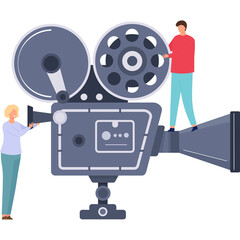 Two Tiny People Operating A Large Vintage Movie Camera With Film Reels Detailed Illustration In Flat Design Style