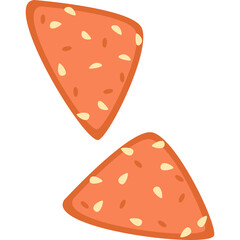 Two triangular slices of orange colored food with small light colored seeds scattered throughout presented on a transparent background in a simplified flat design style