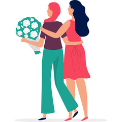 Two women embracing one holding a large bouquet of white roses with green leaves in a close up outdoor scene with a transparent background