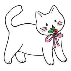 Cute White Cat with Pink Ribbon Illustration