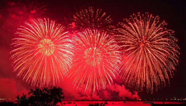 Bright, vibrant display of three red fireworks bursting in the night sky, with a silhouette of trees and water in the foreground - Powered by Adobe