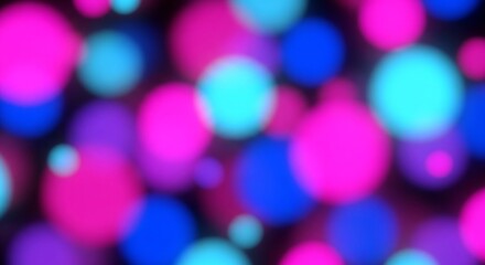 Abstract colorful glowing bokeh lights, vibrant pink and blue blurred dots on dark background