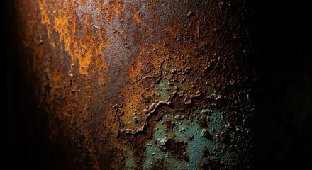 Close-up of heavily textured rusted metal with peeling paint layers and corrosion