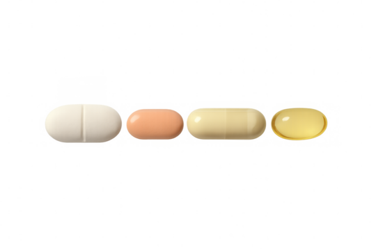 Various pills and capsules in a row, representing pharmaceutical medication, healthcare, supplements, and wellness treatment