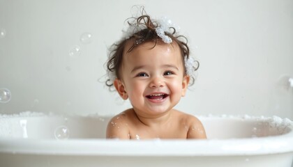 Happy toddler boy sits in white bathtub with soap bubbles in hair on white background. Child enjoys bath time playing with foam. Little kid smiles with clean skin and curly hair.