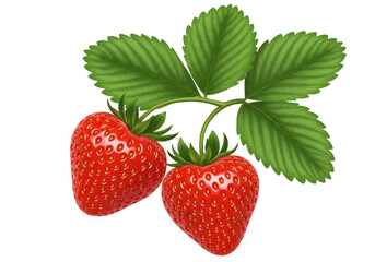 Isolated two ripe strawberries, hanging from a stem, green leaves, delicious food, dessert