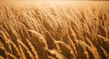 Golden field of sun-drenched dry grasses swaying in warm, soft light at sunset