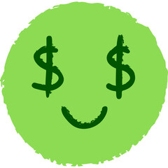 Hand Drawn Green Dollar Sign Eyes Smiley Face Doodle Icon with Transparent Background and Dark Outline on Textured Green Circle