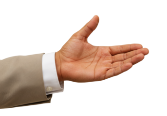 Isolated hand gesture of offering or presentation, beige suit sleeve on a clean setting