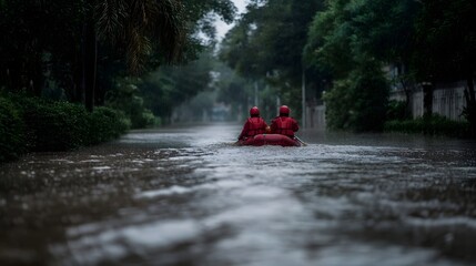 Two rescue workers in red vests navigate a flooded urban street by boat during a heavy downpour
