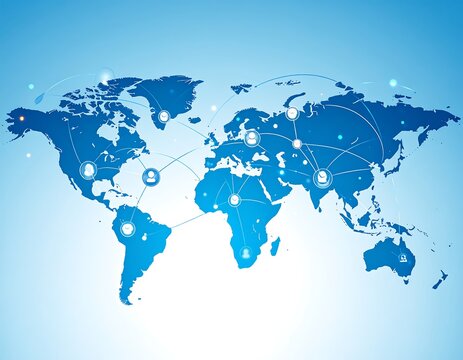 Blue world map with connected icons, illustrating global network