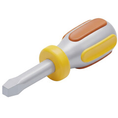 A realistic 3D illustration of a flat head screwdriver with a yellow and orange handle, perfect for construction, repair, and DIY projects