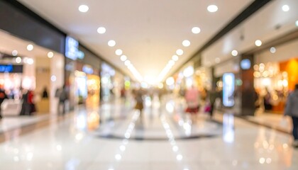 Fototapeta premium Blurry view down a shopping mall aisle, bustling with shoppers