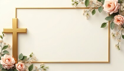 Elegant gold cross, frame with delicate pink roses, green leaves, small flowers. Design for Christian memorial, funeral, religious event invitation card, sympathy template. Calm background for
